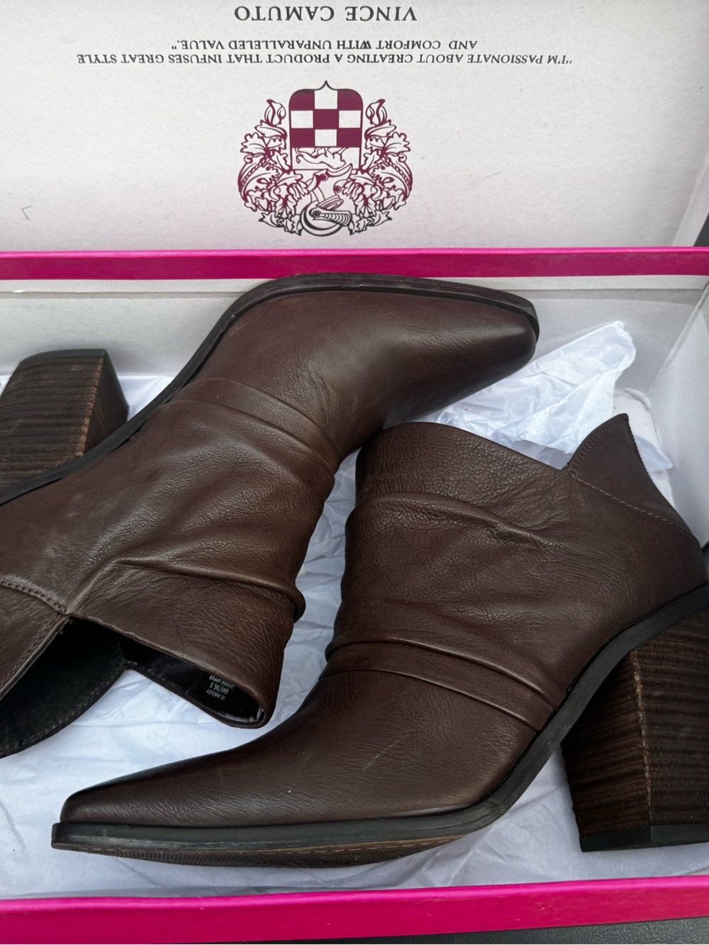 Vince Camuto Dark Brown Leather Ankle Booties with Stacked Heel